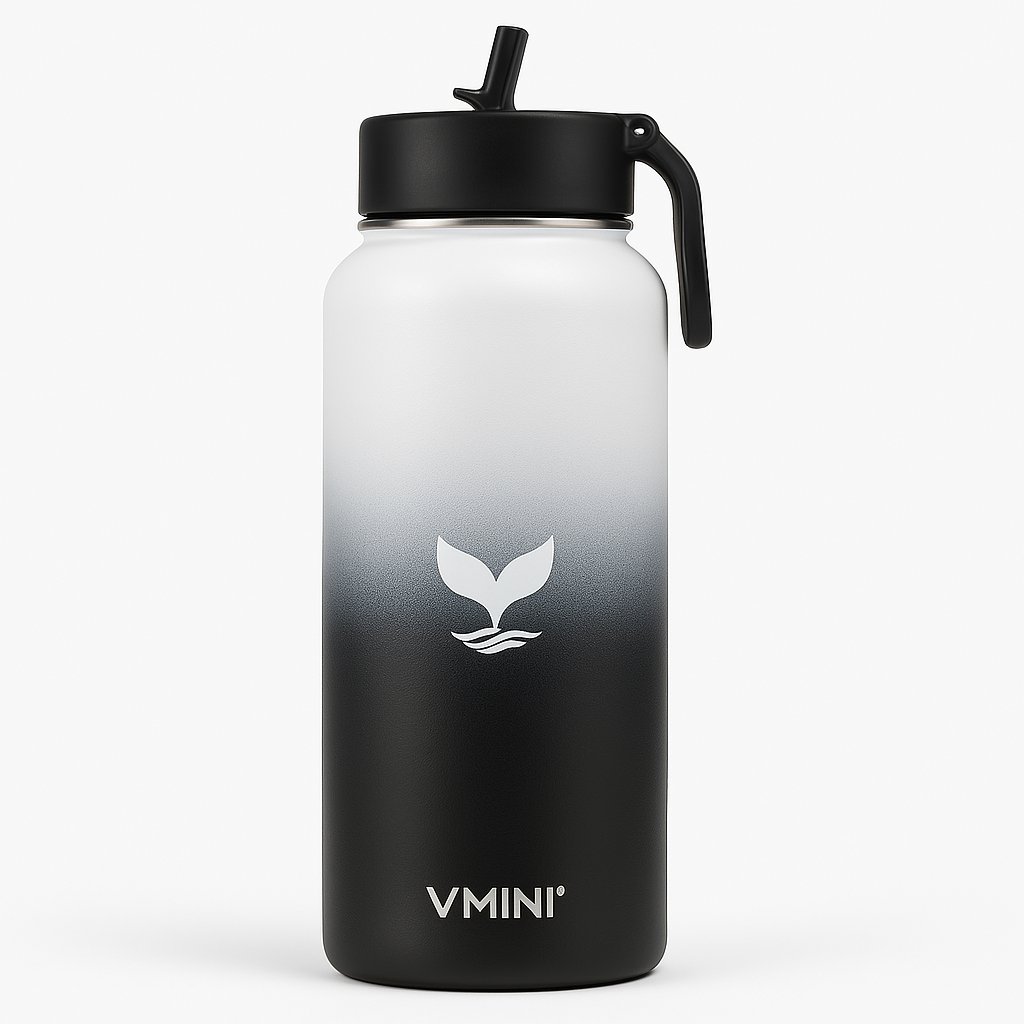 Vmini 40oz Stainless Steel Water Bottle – Double Wall Vacuum Insulated, Wide Mouth with Straw Lid - Black & White Gradient Bottle