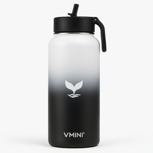 Vmini 40oz Stainless Steel Water Bottle – Double Wall Vacuum Insulated, Wide Mouth with Straw Lid - Black & White Gradient Bottle